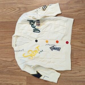 Ebossy cable knit embroidered ivory cardigan rainbow buttons sporty size L*